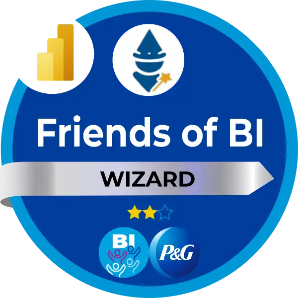 Friends of BI Wizard - Power BI,Earner has gained advanced skills for designing and building scalable data models, cleaning and transforming data, enabling advanced analytic capabilities that provide meaningful business value through easy-to-comprehend data visualizations and is equipped with fundamental understanding of data repositories and data processing both on-premises and in the cloud.